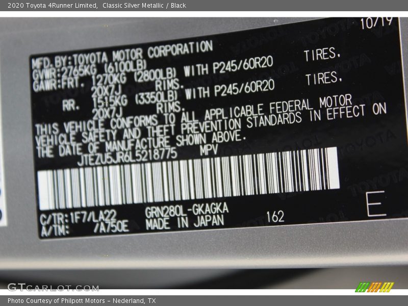 Classic Silver Metallic / Black 2020 Toyota 4Runner Limited