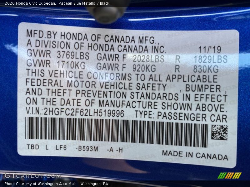 Aegean Blue Metallic / Black 2020 Honda Civic LX Sedan