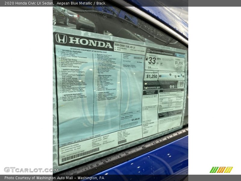 Aegean Blue Metallic / Black 2020 Honda Civic LX Sedan