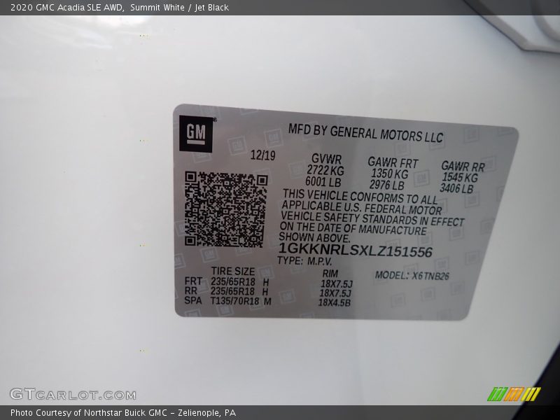 Summit White / Jet Black 2020 GMC Acadia SLE AWD