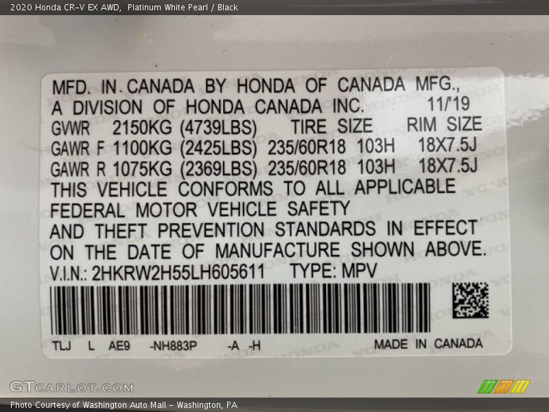 Platinum White Pearl / Black 2020 Honda CR-V EX AWD