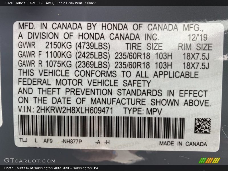 Sonic Gray Pearl / Black 2020 Honda CR-V EX-L AWD