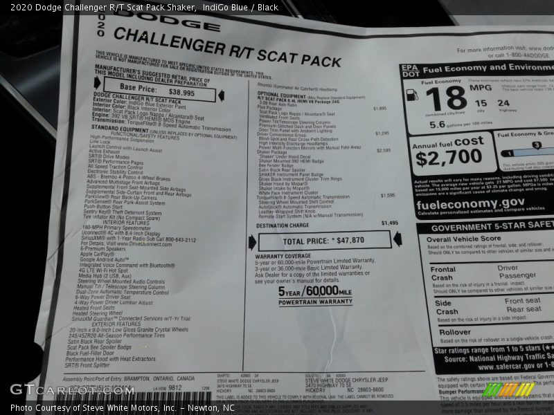  2020 Challenger R/T Scat Pack Shaker Window Sticker