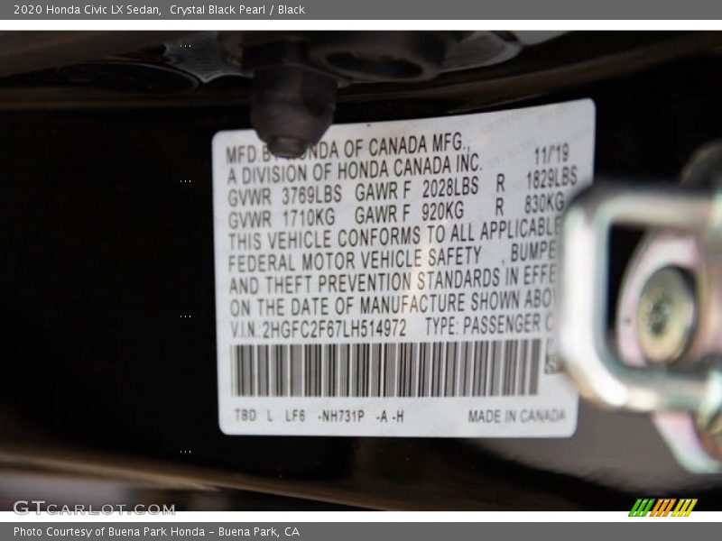 Crystal Black Pearl / Black 2020 Honda Civic LX Sedan