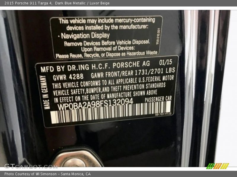 Dark Blue Metallic / Luxor Beige 2015 Porsche 911 Targa 4