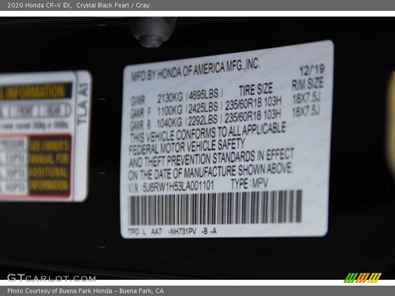 Crystal Black Pearl / Gray 2020 Honda CR-V EX