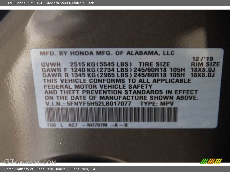 Modern Steel Metallic / Black 2020 Honda Pilot EX-L