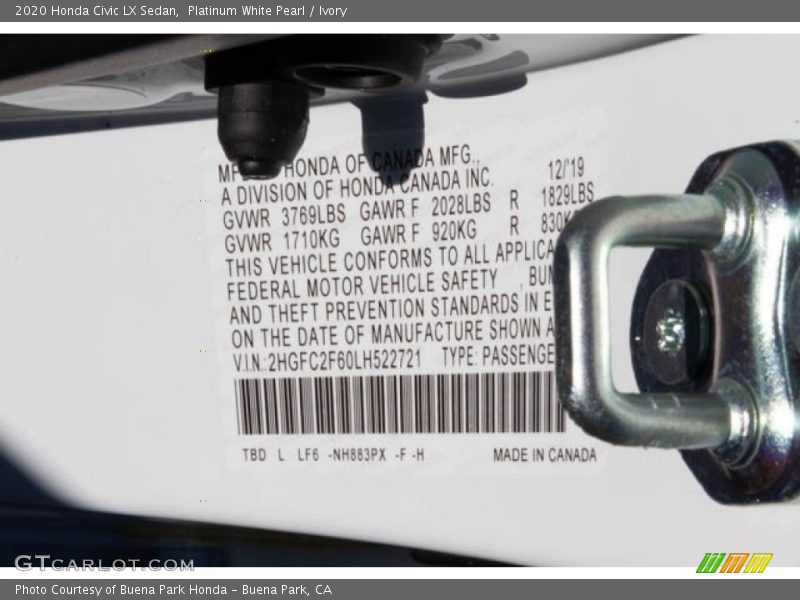 Platinum White Pearl / Ivory 2020 Honda Civic LX Sedan