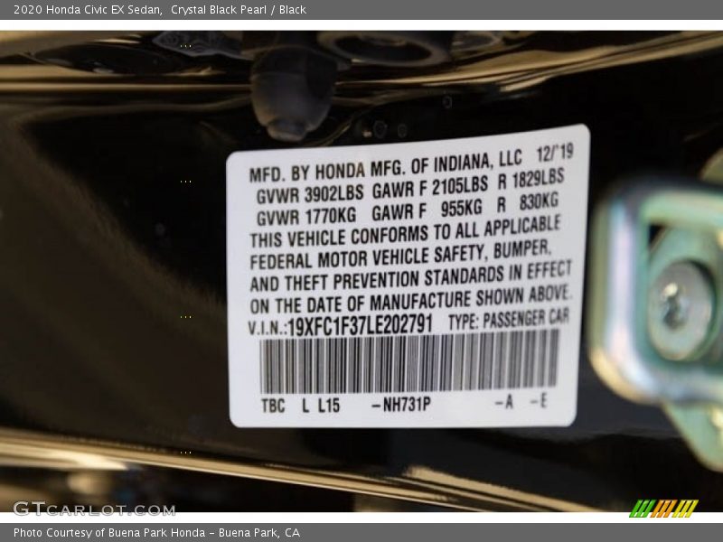 Crystal Black Pearl / Black 2020 Honda Civic EX Sedan