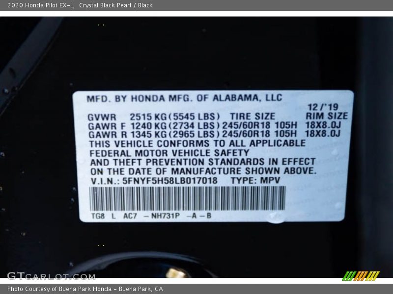 Crystal Black Pearl / Black 2020 Honda Pilot EX-L