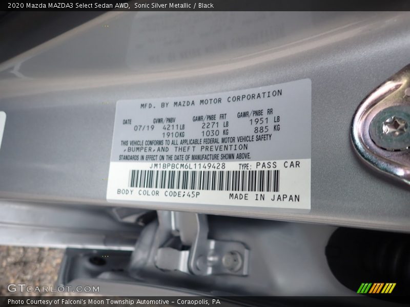 Sonic Silver Metallic / Black 2020 Mazda MAZDA3 Select Sedan AWD