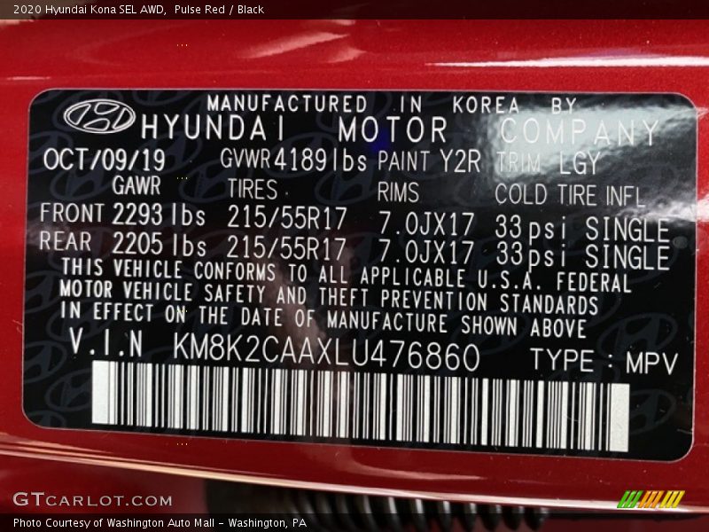 2020 Kona SEL AWD Pulse Red Color Code Y2R
