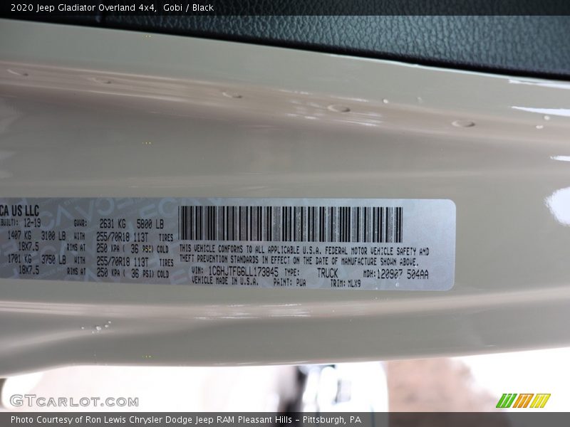2020 Gladiator Overland 4x4 Gobi Color Code PUA