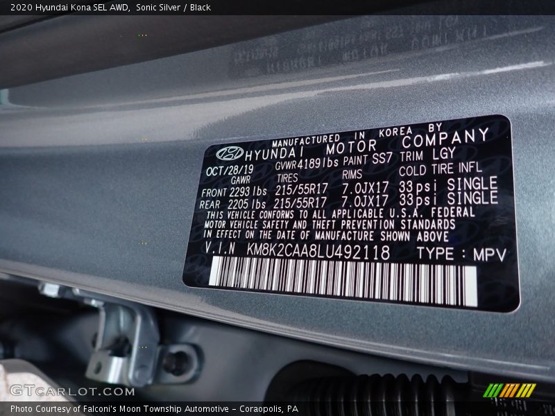 Sonic Silver / Black 2020 Hyundai Kona SEL AWD