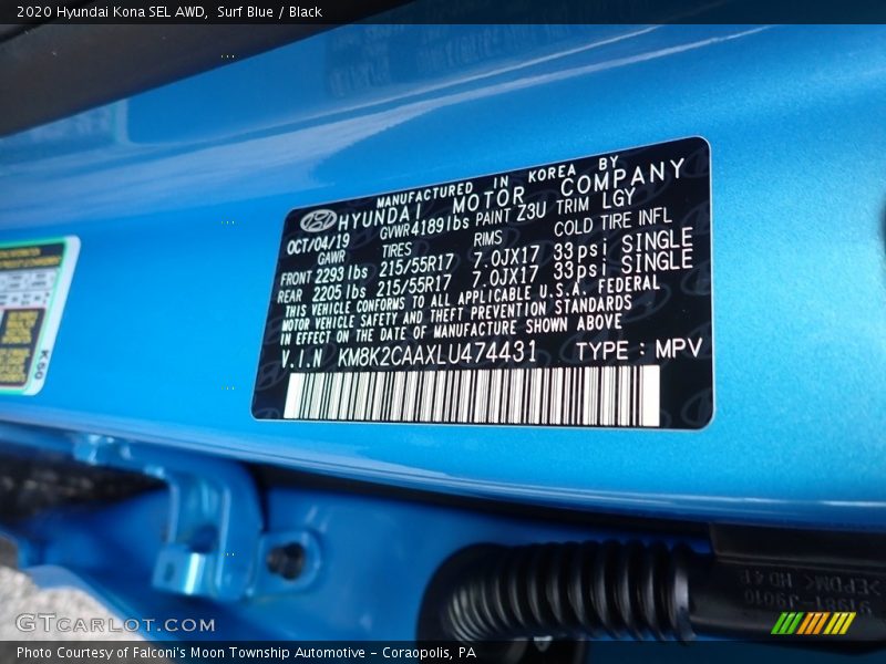 2020 Kona SEL AWD Surf Blue Color Code Z3U