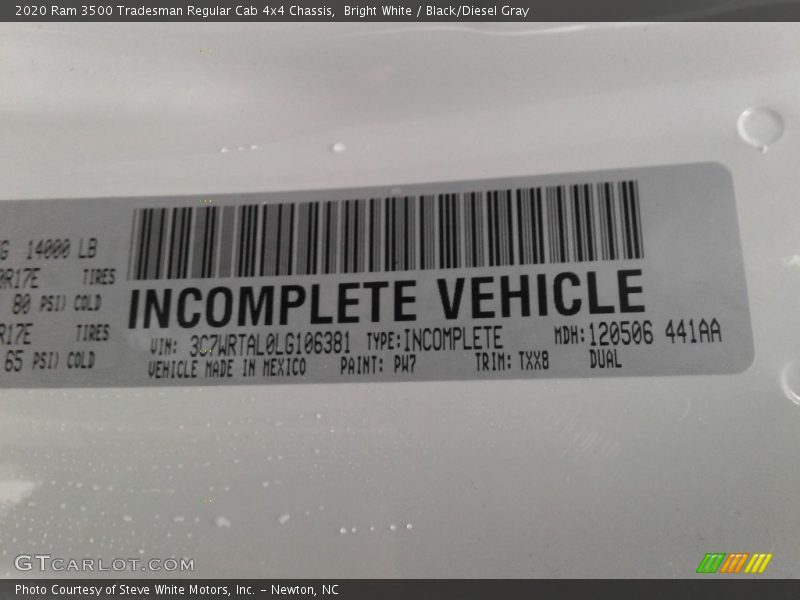 2020 3500 Tradesman Regular Cab 4x4 Chassis Bright White Color Code PW7