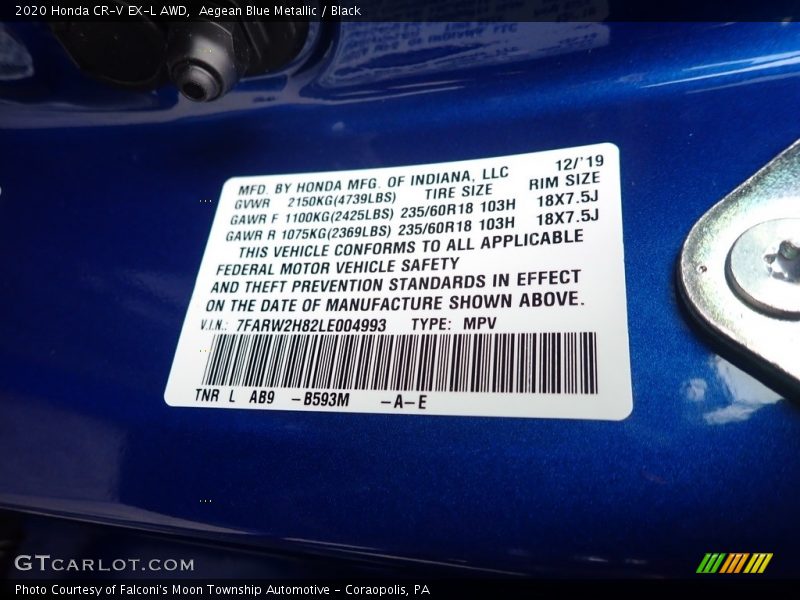 Aegean Blue Metallic / Black 2020 Honda CR-V EX-L AWD