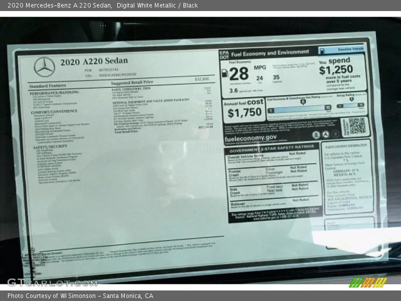 Digital White Metallic / Black 2020 Mercedes-Benz A 220 Sedan