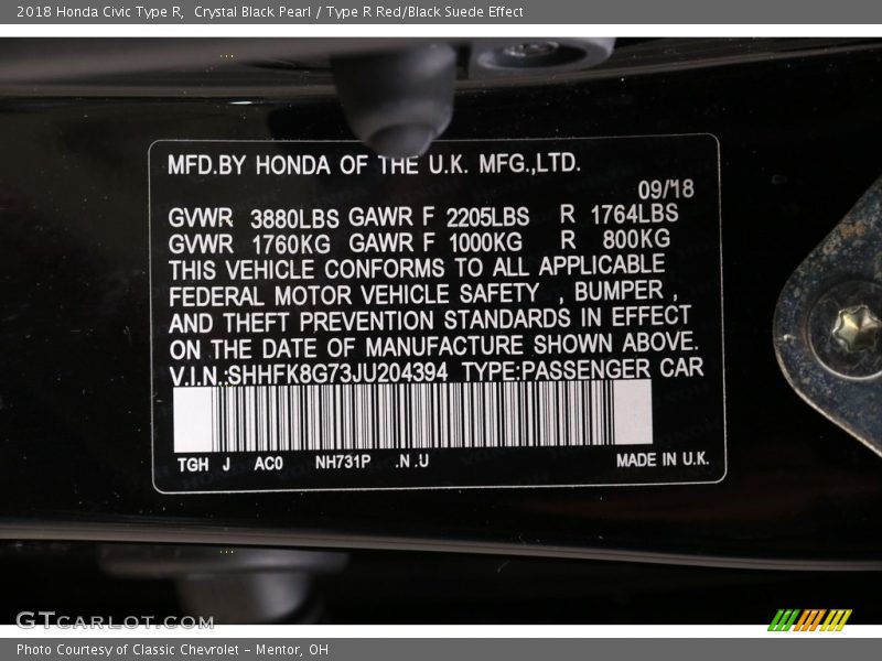 Crystal Black Pearl / Type R Red/Black Suede Effect 2018 Honda Civic Type R