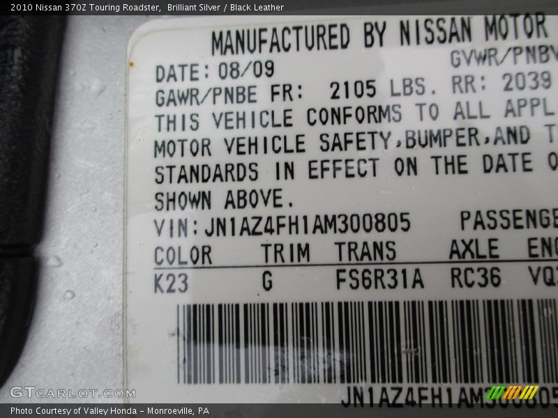 Brilliant Silver / Black Leather 2010 Nissan 370Z Touring Roadster