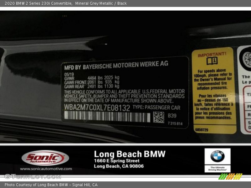 Mineral Grey Metallic / Black 2020 BMW 2 Series 230i Convertible