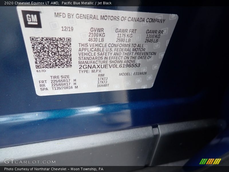 Pacific Blue Metallic / Jet Black 2020 Chevrolet Equinox LT AWD