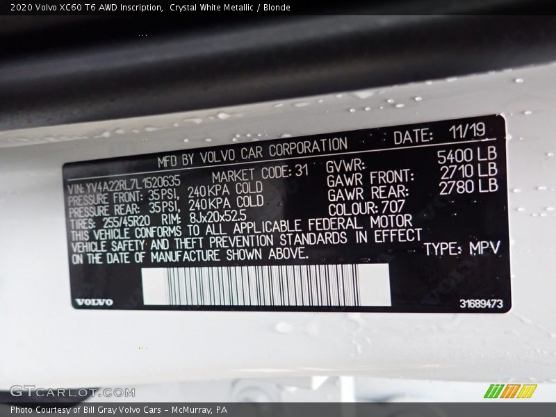 Crystal White Metallic / Blonde 2020 Volvo XC60 T6 AWD Inscription