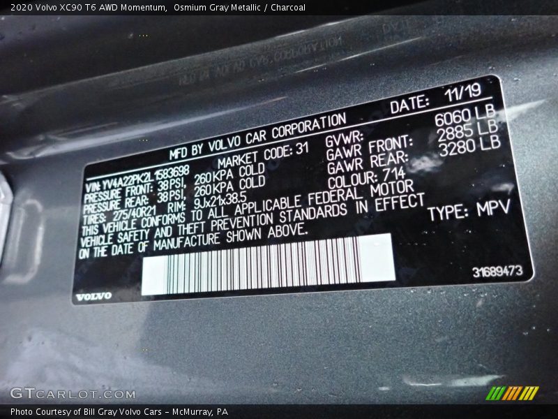 Osmium Gray Metallic / Charcoal 2020 Volvo XC90 T6 AWD Momentum