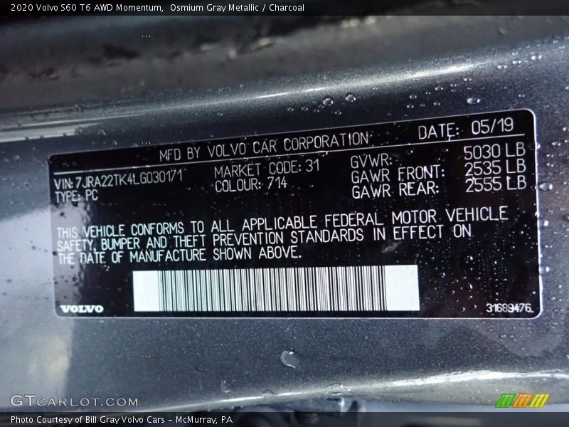 Osmium Gray Metallic / Charcoal 2020 Volvo S60 T6 AWD Momentum