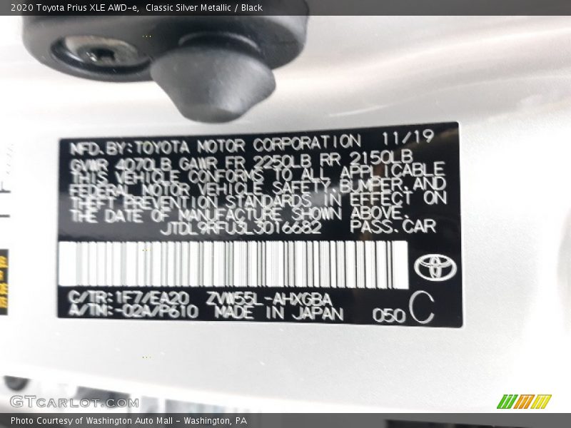 2020 Prius XLE AWD-e Classic Silver Metallic Color Code 1F7