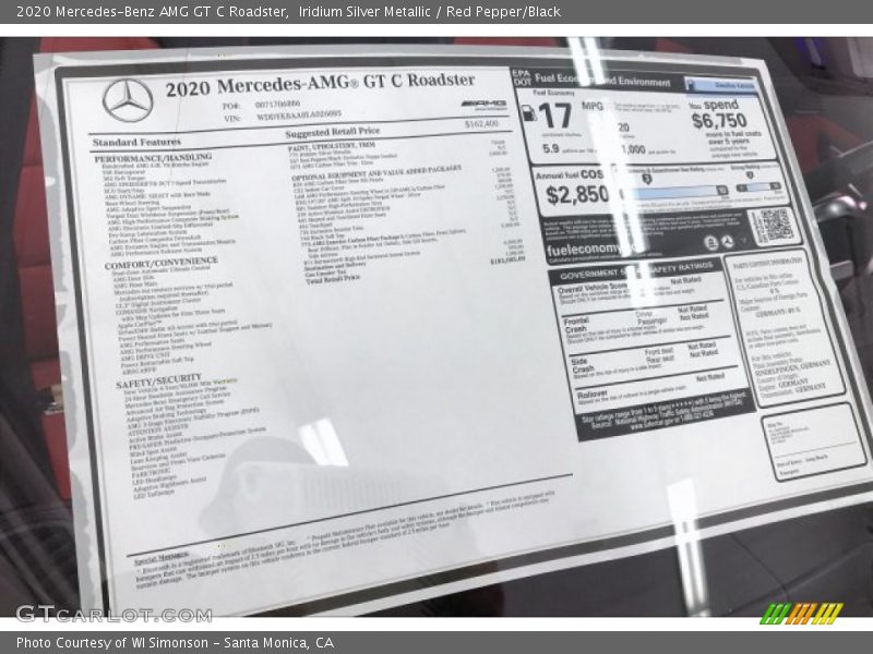  2020 AMG GT C Roadster Window Sticker