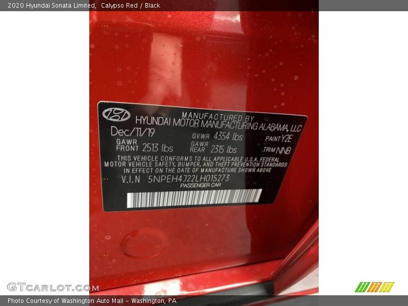 2020 Sonata Limited Calypso Red Color Code Y2E