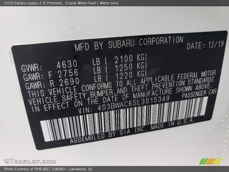 Crystal White Pearl / Warm Ivory 2020 Subaru Legacy 2.5i Premium