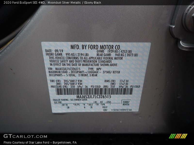 Moondust Silver Metallic / Ebony Black 2020 Ford EcoSport SES 4WD
