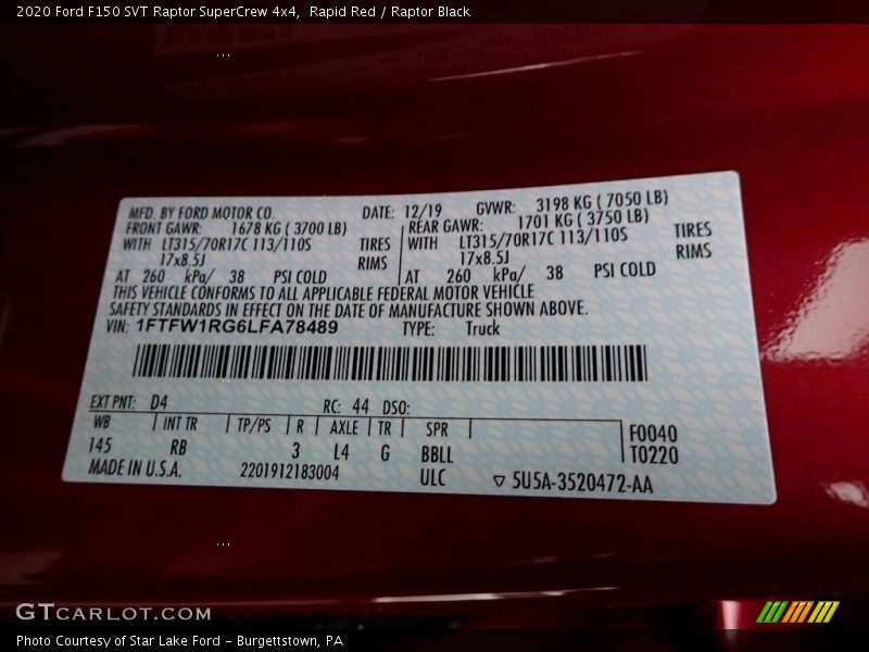 2020 F150 SVT Raptor SuperCrew 4x4 Rapid Red Color Code D4