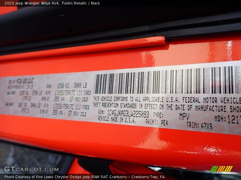 2020 Wrangler Willys 4x4 Punkn Metallic Color Code PE4