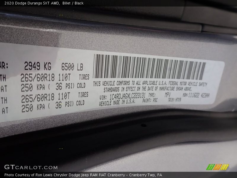 Billet / Black 2020 Dodge Durango SXT AWD