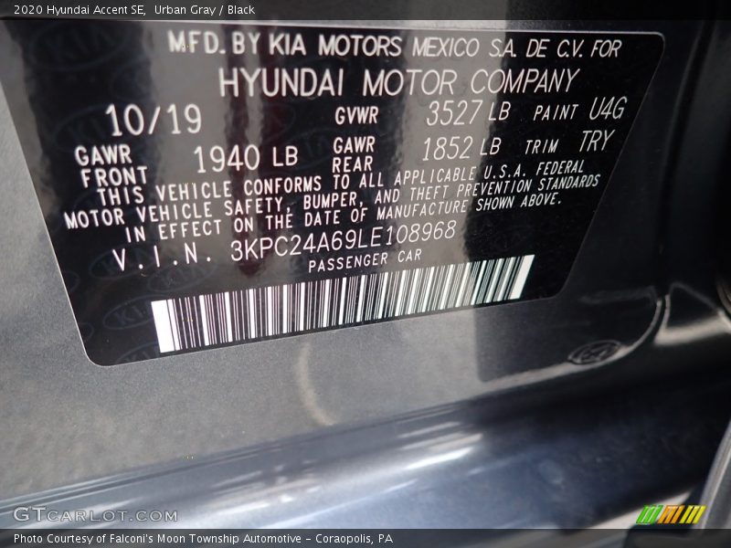 Urban Gray / Black 2020 Hyundai Accent SE