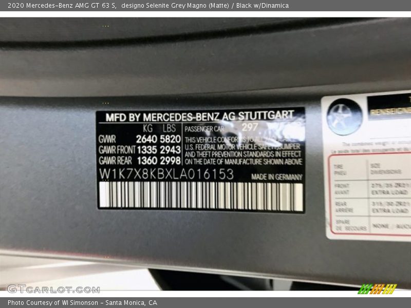 2020 AMG GT 63 S designo Selenite Grey Magno (Matte) Color Code 297