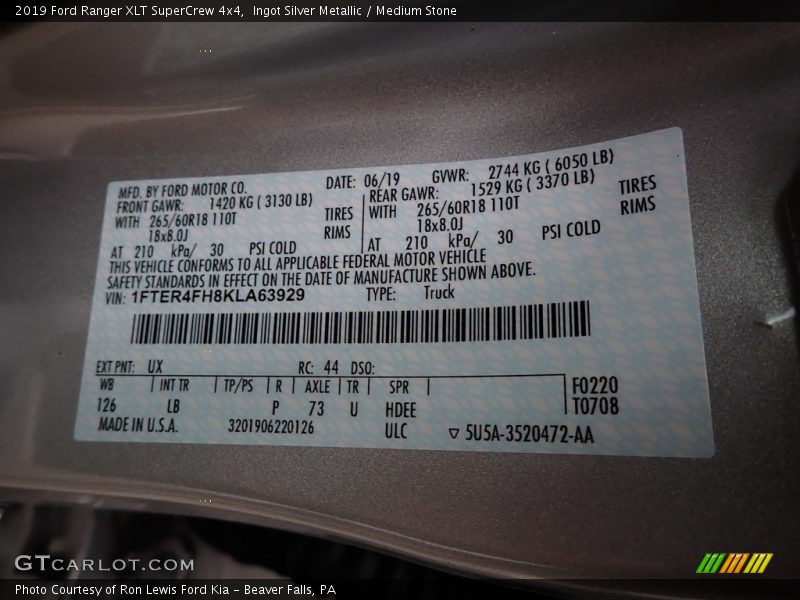 Ingot Silver Metallic / Medium Stone 2019 Ford Ranger XLT SuperCrew 4x4