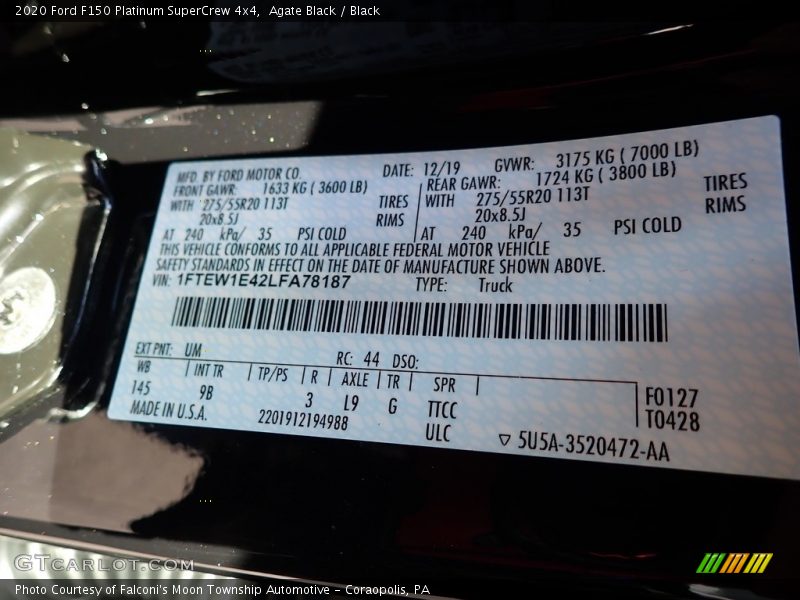 2020 F150 Platinum SuperCrew 4x4 Agate Black Color Code UM