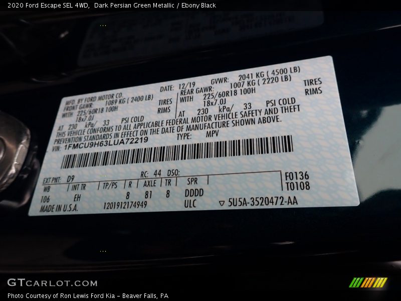 2020 Escape SEL 4WD Dark Persian Green Metallic Color Code D9