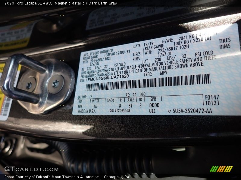 Magnetic Metallic / Dark Earth Gray 2020 Ford Escape SE 4WD