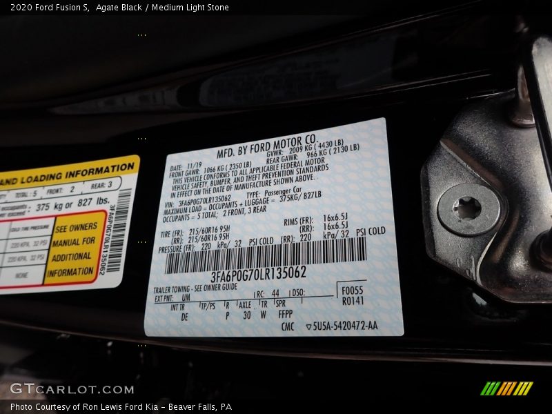 Agate Black / Medium Light Stone 2020 Ford Fusion S