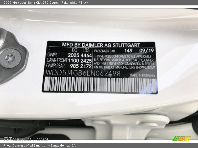 Polar White / Black 2020 Mercedes-Benz CLA 250 Coupe