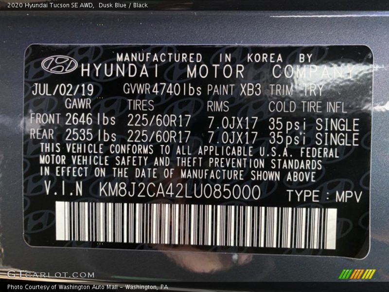 Dusk Blue / Black 2020 Hyundai Tucson SE AWD