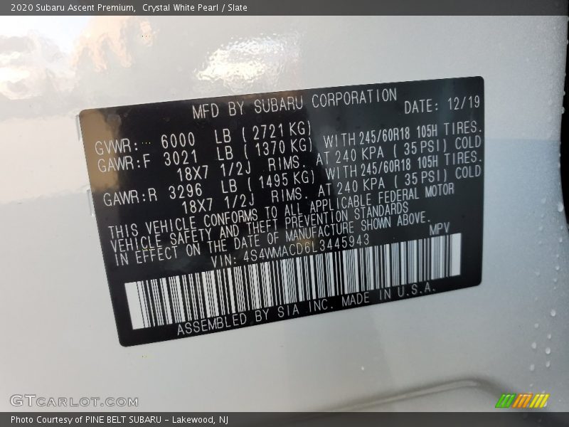 Crystal White Pearl / Slate 2020 Subaru Ascent Premium