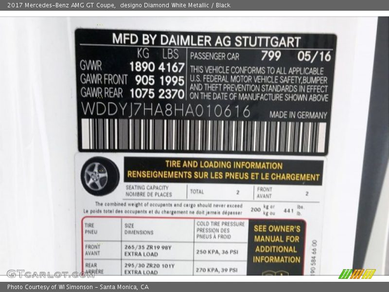 2017 AMG GT Coupe designo Diamond White Metallic Color Code 799