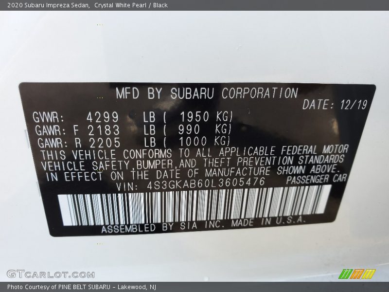 Crystal White Pearl / Black 2020 Subaru Impreza Sedan