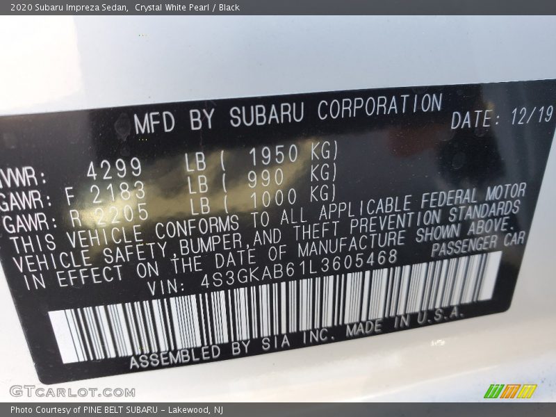 Crystal White Pearl / Black 2020 Subaru Impreza Sedan